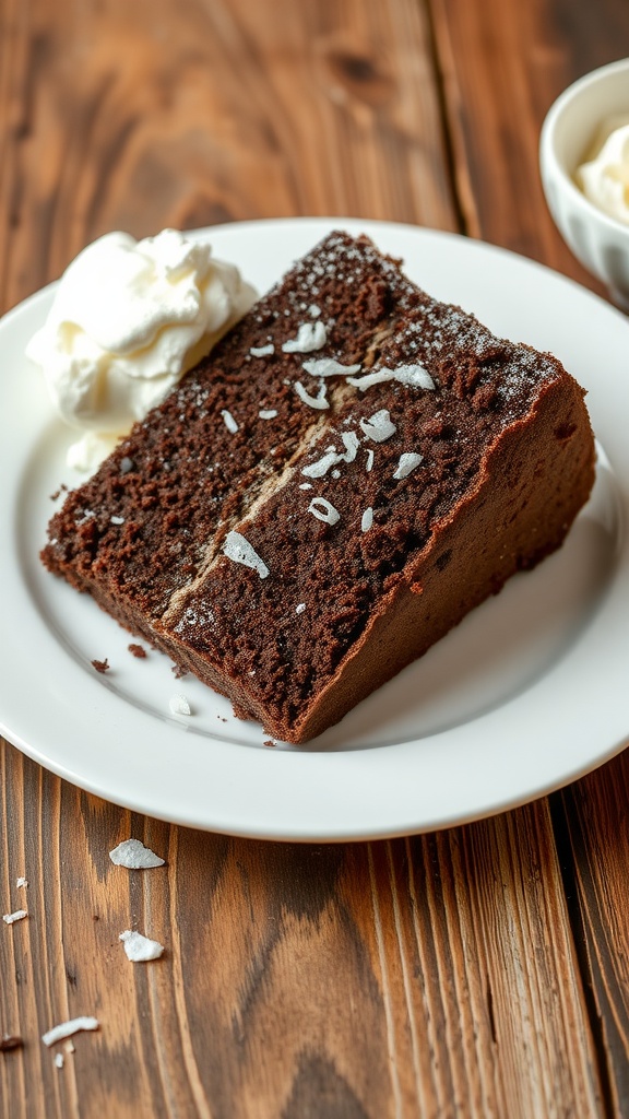 Rich Chocolate Coconut Passover Cake A slice of chocolate coconut cake with powdered sugar on top, served with whipped cream on a rustic table.
